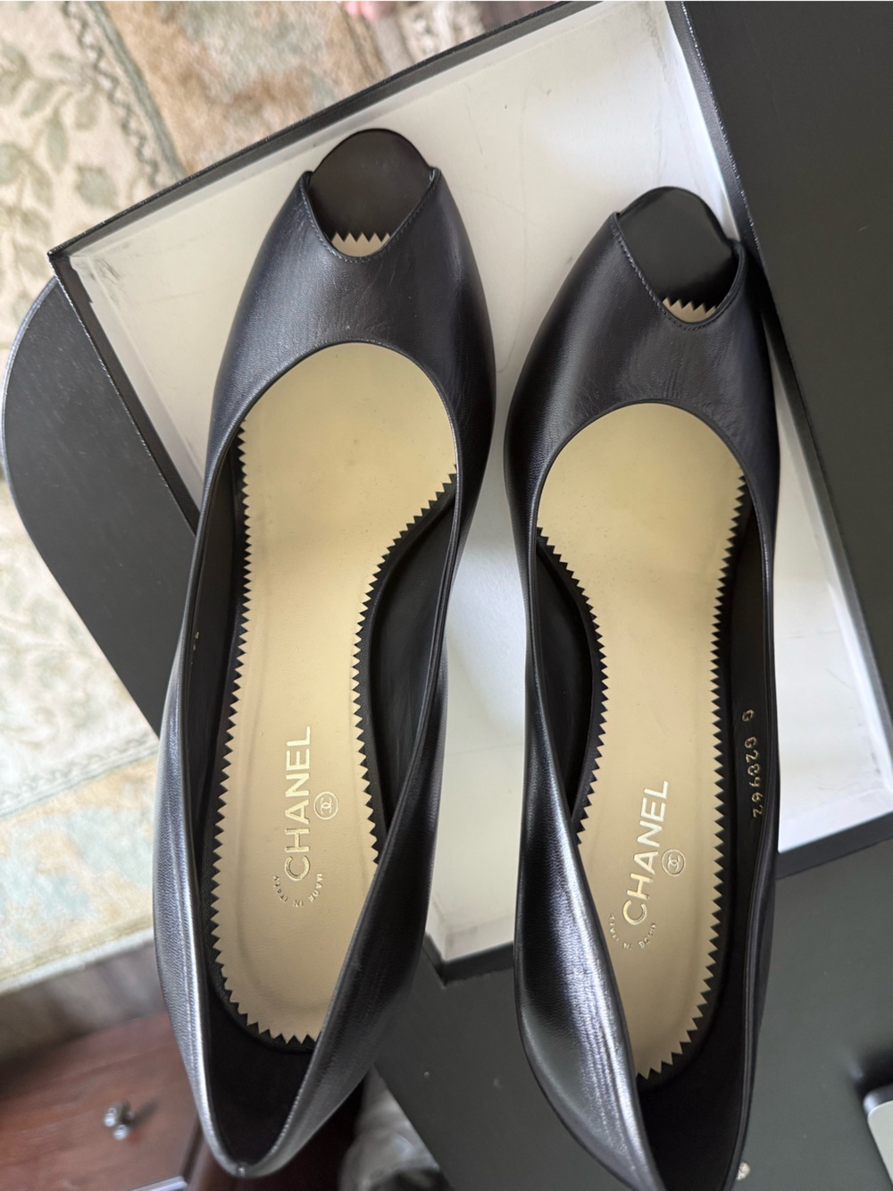 CHANEL Black Leather Peep-Toe Pumps